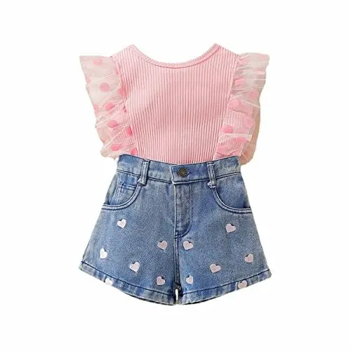 Produktbild: QINQNC Baby-Mädchen Kleidung Outfit Langarm Cuteanzug Kinderbekleidung Mädchen Anzug Foreign Girl New Mesh Lace Top Bestickte Denim Shorts Baby Mädchen Langarm Sweatshirt Top Rock (Pink, 5-6 Years)
