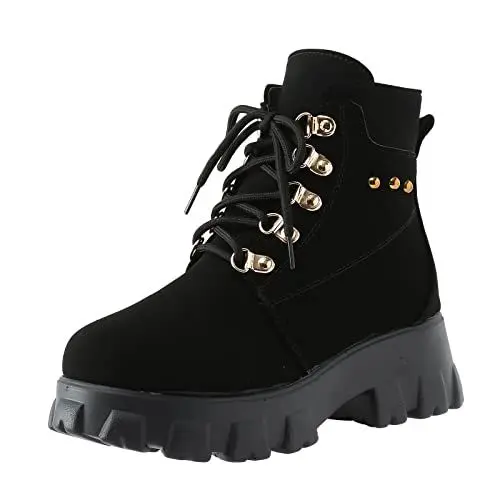 Produktbild: QINQNC Biker Boots Ausgefallene Schuhe Damen Ankle Boots, einfarbig, lässig, Biker-Stiefel zum Schnüren, Plateaustiefeletten Stiefel Boots Damen Cowboy Boots Damen Sneaker (Black, 42)