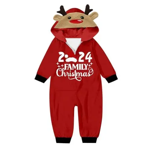 Produktbild: QINQNC Damen Herren Kinder Baby Rentier Babys Weihnachten 2024 Familie Weihnachten Gedruckt Home Freizeit Overall Pyjama Eltern-Kind-Outfit Damen Herren Kinder Baby Kuschelig (Red, 12-18 Months)