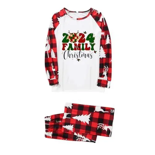 Produktbild: QINQNC Damen Herren Kinder Kuschelig Matching MAMA's Weihnachten 2024 Familie Weihnachten Bedrucktes Home Leisure Split Nachtwäsche Zweiteiliges Set Damen Herren Partner Button Down Pyjamas (White, S)