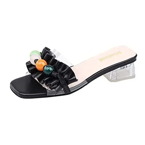 Produktbild: QINQNC Damensandalen Sandalen F123456789123 Damen Damen Transparent On Fashion High Slip Chunky Heel Sandaletten Perlen Absatz Schuhe Damen High Heels Weiche Sandalen Damen Wassersandalen (Black, 40)