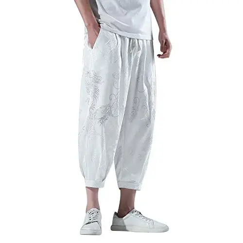 Produktbild: QINQNC Herren Athletic Leinenhose Manner Kniepolster Herren Slim Straight Cotton Seven Point Hose Freizeithose Herren Atmungsaktive Hose Herren Camp Anzughose Men Offenem Beinabschluss (White, XXXL)
