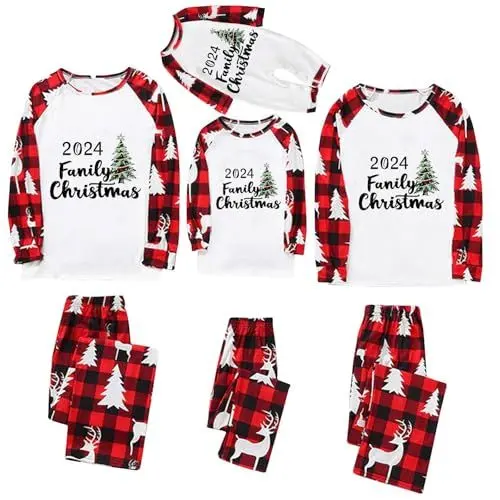 Produktbild: QINQNC Herren Damen Kinder Kuschelig Matching 2024 Familien-Weihnachtspyjama-Sets Weihnachts-Passende Pyjama-Sets Urlaubs-Jammies Loungewear Weihnachtspyjama Damen Herren Kinder Nachtwäsche (Red, XXL)