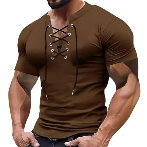 Produktbild: QINQNC Herren Schwimm Shorts T-Shirts Herren White Shirt Kurzarm-T-Shirt für Herren, Hip-Hop, lässiges Stehkragenhemd, europäische und amerikanische Bordüre, Herren Oversized T Shirt (Brown, XXXL)