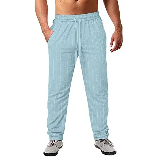 Produktbild: QINQNC Male Kniepolster Lässige Freizeithose Herren Lässige Sporthose aus Baumwolle und Leinen für Frühling und mit Nadelstreifen Herren Baumwolle Laufhose Men Leichte Workwear (Sky Blue, XXL)