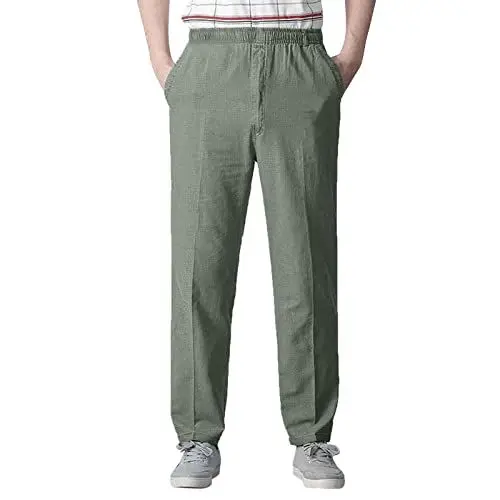 Produktbild: QINQNC Manner Mit Kordelzug wasserdichte Arbeitshosen Lässige Leinenhose für Herren mit elastischem Bund und Kordelzug aus Baumwolle Men's Kniepolster Jeans Herren Gefütterte Chino (Green, L)