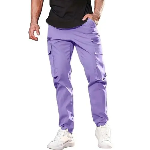 Produktbild: QINQNC Men Gefütterte Laufhose Herren Kniepolster Lässige, taillierte Herren-Hose mit Taschen, einfarbig, Reißverschlusstasche, Herren-Arbeitshose, Herren Breite Tarnhose Men's Loose Fit (Purple, L)