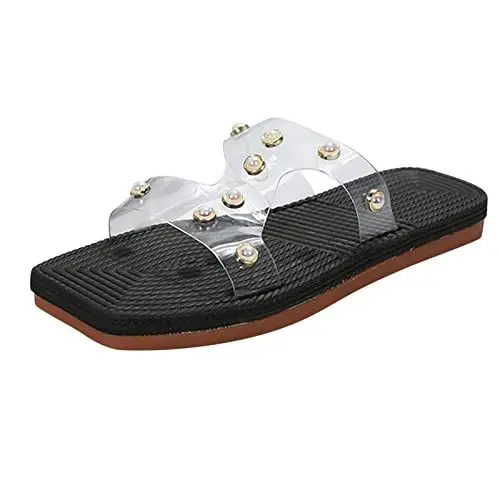 Produktbild: QINQNC Pantoletten Gold Massage Schlappen Riemchensandale transparente PVC Perle dekorative quadratische Flachboden gewebte Sandalen Cloudyzz Schlappen Badesandalen Herren Sandalen (Black, 40)