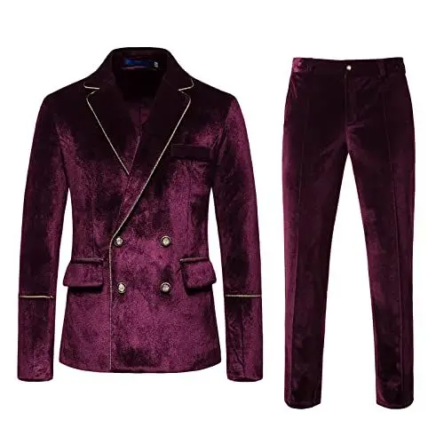 Produktbild: QINQNC Unisex Trauzeugen Weste Hose Male 2-Teilig Herren und Winter Mode Casual Anzüge Samt Schlank Zweireihig Einfarbig Abendkleid Groomsmen Anzug Herren Regular Fit Herrenanzug Sakko Hose (Wine, L)