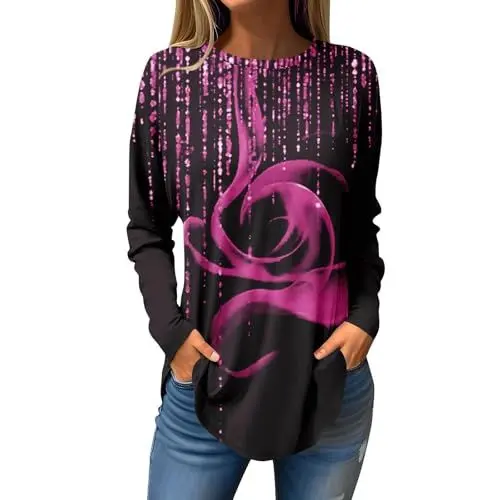 Produktbild: QINQNC Women's Jumpers Long Sleeve Tops Tunic Sweatshirt Damen Blusen Elegant Lässig T-Shirts Langarm Niedliche Tops Blumen Tuniken Tops Rundhals Sweatshirts Womens Long Tops to Wear (Hot Pink, XXL)