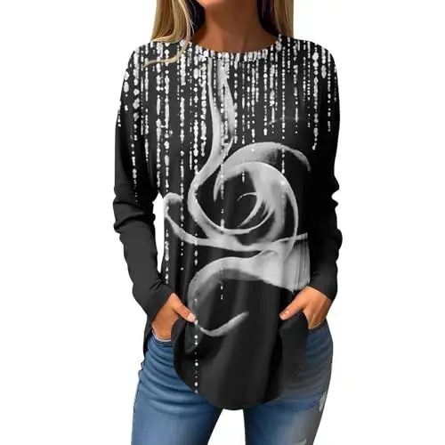 Produktbild: QINQNC Women's Jumpers Long Sleeve Tops Tunic Sweatshirt Damen Blusen Elegant Lässig T-Shirts Langarm Niedliche Tops Blumen Tuniken Tops Rundhals Sweatshirts Womens Long Tops to Wear (Purple, XXXL)