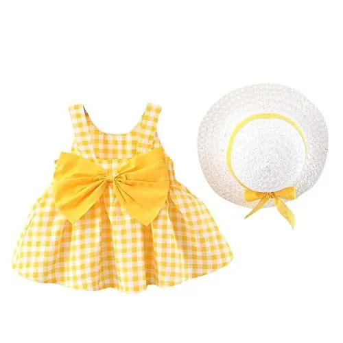 Produktbild: Qiraoxy Sommerkleid für Babys, Kleinkinder, Mädchen, gepunktet, Zitronen-Print, ärmelloses Kleid mit Schleife und Strohhut, Strandkleid für Fotos, Party, Urlaub