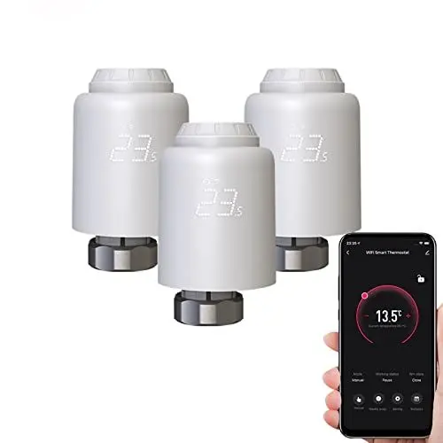 Produktbild: Qiumi Smartes Heizkörperthermostat WiFi Tuya/Smart Life App Steuerung, Ohne Hub, Energiesparend Programmierbar, Sprachsteuerung Alexa/Google,Fenster-Offen-Erkennung