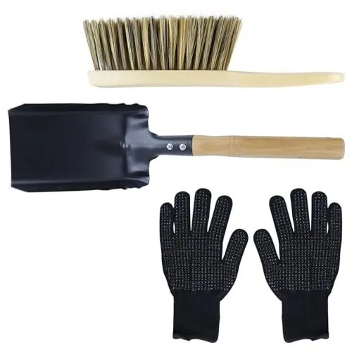 Produktbild: Qivine 3 Stück Kehrgarnitur für Kaminofen, Feuerherd Kaminreinigungsset mit Kehrblech, Holzgriff Handfeger und Handschuhen, Schwarz Klein Kamin Kehrblechgarnitur