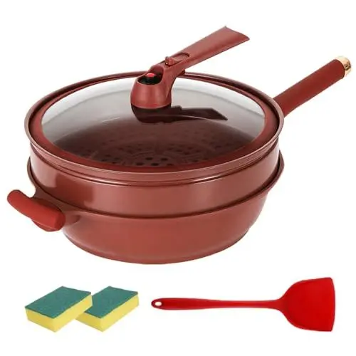 Produktbild: Qivine Bratpfanne 32cm Antihaft Keramikbeschichtung Pfanne mit Dampfkorb und Glasdeckel, Multifunktionaler Wokpfanne Kochpfanne für Gasherd Induktion Keramikherd