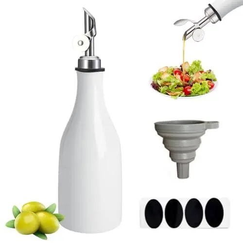 Produktbild: Qivine 300ml Ölflasche mit Ausgießer, Tropffrei Essig Öl Flaschen Keramik zum Befüllen, Oil Dispenser mit Trichter & Etikett für Küche und BBQ, Einfacher Stil (Weiß)
