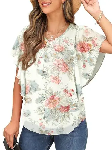 Produktbild: QIXING Chiffon Kurzarm Bluse Damen Sommor Top Damen Elegant Rundhals-Ausschnitt Batwing Sleeve T Shirt Fledermausärmel Tunika(Weiße Pfingstrose, XL)