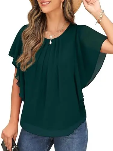 Produktbild: QIXING Chiffon Kurzarm Bluse Damen Sommor Top Damen Elegant Rundhals-Ausschnitt Batwing Sleeve T Shirt Fledermausärmel Tunika (Dunkelgrün, L)
