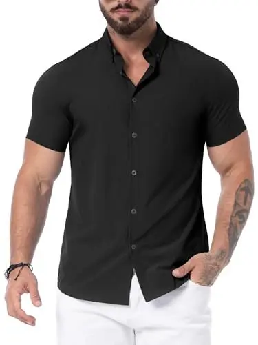 Produktbild: QIXING Hemd Kurzarm Herren Sommer Button Down Slim Fit Short Sleeve Strand Shirts (Schwarz, L)
