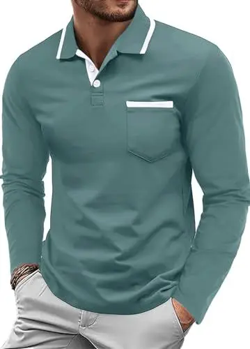 Produktbild: QIXING Herren Langarm Golf Poloshirt - Klassisches Baumwoll-Shirt Mit Brusttasche, Casual T-Shirt Pullover (Grau-Grün, XL)