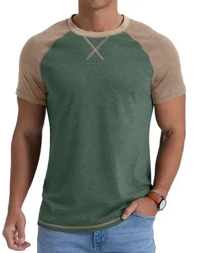 Produktbild: QIXING Herren T-Shirt aus Baumwolle Kurzarm Rundhals Sommer T Shirt Leicht Regular Fit Atmungsaktiv Casual Oberteile(B03 VG Grün, L)