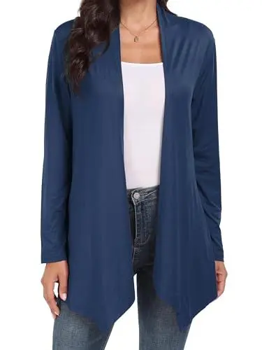Produktbild: QIXING Leichte Strickjacke Damen Lang Dünne Jacke Damen Elegant Cardigan mit Taschen mit Weich Drapierten Rüschen (Marineblau, M)