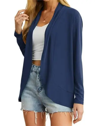 Produktbild: QIXING Leichte Strickjacken für Damen Sommer Elegant Dünne Kurze Strickjacke Lange Ärmel Open Front Cardigan Damen Frühling Herbst (Marineblau, M)