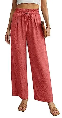 Produktbild: QIXING Weite Hosen Damen High Waist Palazzo Hose Gerade mit Taschen Yoga Stoffhose Damen Elegant Sommer Damenhose mit Gummizug (Koralle, XL)