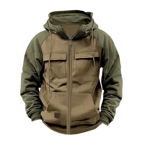 Produktbild: YCBMINGCAN Cargo Jacke Fall Hoodie Herren Einfarbig Langarm Sweatjacke Mit Reißverschluss Kapuzenpullover Loose Fit Tops Herren Zip Up Hoodies Männer Leicht Kapuzenjacke Outdoor (Khaki #2, M)