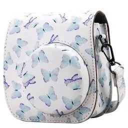 Produktbild: QIYWFA Instant Kamera Schützend Fall Kompatibel mit Fujifilm Instax Mini 12/11/9/8/8+ Instan Kamera Sanft PU Leder Tasche mit Tasche und Abnehmbarer Schultergurt(Blue Butterfly)