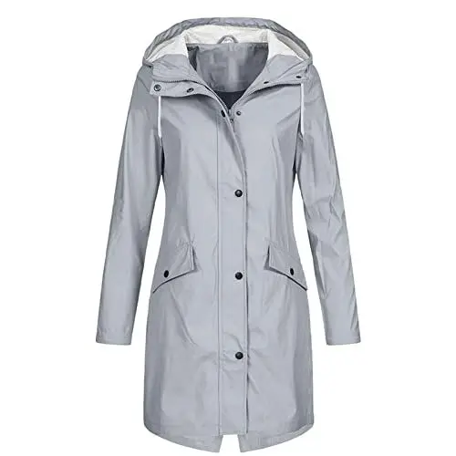 Produktbild: QI_LIANG Gummierte Regenjacke Damen Leichte Regenjacke Damen Atmungsaktive Regenjacke Damen Laufjacke Wasserdicht Damen Damen Übergangsjacken Trenchcoat mit Kapuze Damen Damen Windjacke Grau XL