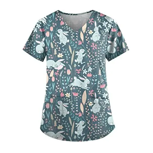 Produktbild: QI_LIANG Scrubs Women's V Ausschnitt Scrubs Weite Leicht Oversized Reisen Weich Tiermoti Scrubs Weiblich Frühjahr Plisseefalten Polyester Kurzarm Mehrfarbig