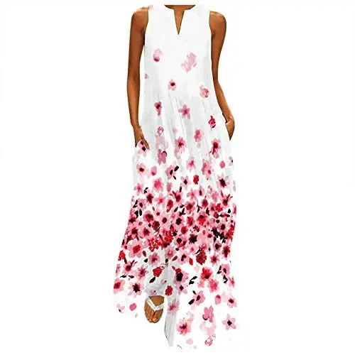 Produktbild: QI_LIANG Tank Damen Frühjahr Prom Ärmellos Locker Abendkleider Geteilter Hals Bedrucken Reißverschlus Abendkleid Mädchen Modische Bequemer Bodenlanges Baumwoll Rosa