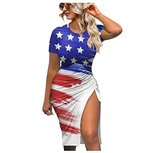 Produktbild: QI_LIANG Tunika-Kleid Women Polyester Schöne Tunika-Kleid Hohe Taille Seitenschlitz Schlankmacher Schule mit Weiten Ärmel Cocktailkleid Damen Weich Independence Day Rundhals Flagge Blau