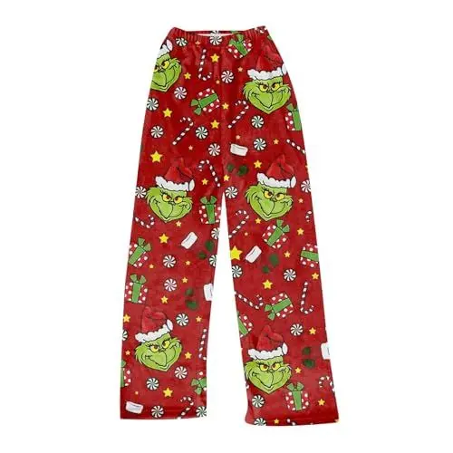 Produktbild: JKJFJKA 𝑮𝒓𝒊𝒏𝒄𝒉 Damen Weihnachten Flanell Pyjama Hosen Mode Weihnachten Schneeflocke Weihnachtsmann Druck Pyjamas Niedlich Lässig Gemütlich Warm Nachtwäsche Weihnachten Geschenk Rot M