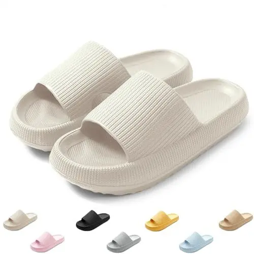 Produktbild: QJJQ Badeschuhe Herren Damen Cozislides Original Slippers Wolke Schlappen Super Weich Rutschfest Badelatschen Hausschuhe Sommer Pantoletten Badeschlappen Flip Flops,Beige, 40-41 EU