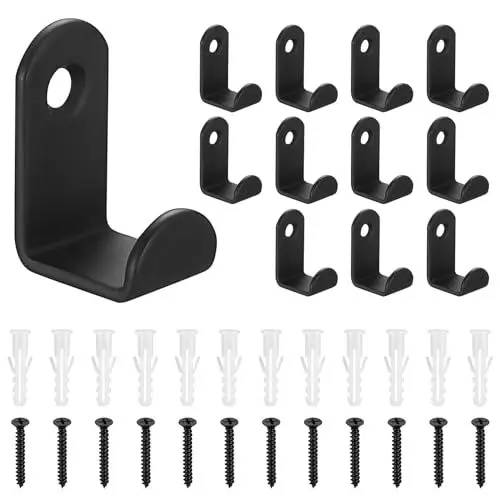 Produktbild: QJKEJI 12 Stück Garderobenhaken, Kleiderhaken Schwarz, Kleiderhaken Wandhaken Schwarz Metall Haken zum Schrauben für Schlafzimmer Badezimmer Wohnzimmer Garderobenleiste Mäntel Handtuch Jackenhaken