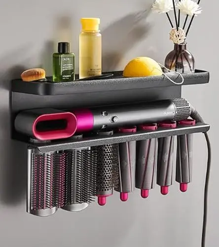 Produktbild: QKTYB Wandhalterung Organizer für Dyson Airwrap, 2 in 1 Aluminiumlegierung Dyson Airwrap Halterung, Lockenwickler Locken Haartrockner Halterung Ständer Fönhalter mit Kleber für Haus Bad Veranstalter