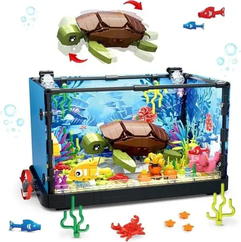 Produktbild: QLT QIAOLETONG Aquarium Turtle Fish Tank Ideas Bauspielzeug mit LED LichtAquarium klemmbausteine deko bausteine Geschenk für Erwachsene und Jungen Mädchen ab 8-12 Jahren(625PCS)