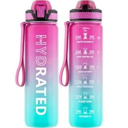 Produktbild: QLUR Trinkflasche, 1L/800ML BPA-Frei Tritan Wasserflasche mit Strohhalm, Trinkflasche Sport Auslaufsicher mit Zeitmarkierung und Bürste, Sportflasche für Fitness, Schule, Yoga, Outdoor(1 Flasche)