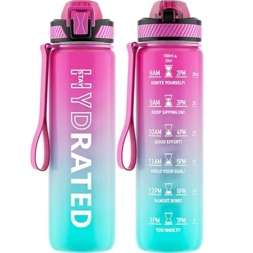 Produktbild: QLUR Trinkflasche, 1L BPA-Frei Tritan Wasserflasche mit Strohhalm, Trinkflasche Sport Auslaufsicher mit Zeitmarkierung und Bürste, Sportflasche für Fitness, Schule, Yoga, Outdoor(1 Flasche)