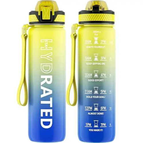 Produktbild: QLUR Trinkflasche, 1L BPA-Frei Tritan Wasserflasche mit Strohhalm, Trinkflasche Sport Auslaufsicher mit Zeitmarkierung und Bürste, Sportflasche für Fitness, Büro, Schule, Yoga, Outdoor(1 Flasche)