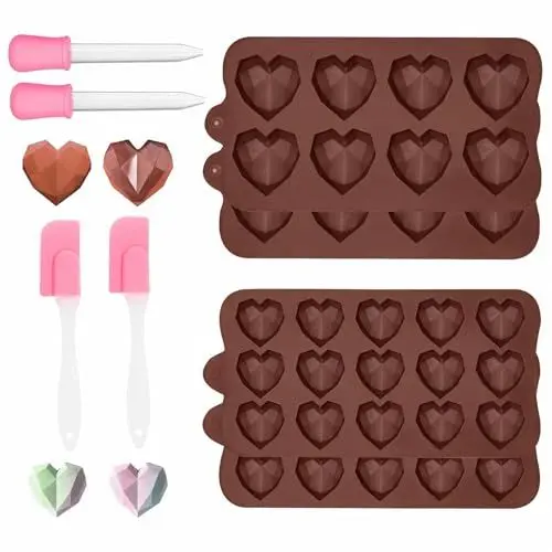 Produktbild: QMLING 4 Stück Pralinenform Silikon Herzform, 3D Diamant Chocolate Mold, 8-Kavität und 15-Kavität Pralinen Silikonform Herz, Schokoladenformen mit Tropfer Spatel zum Backen