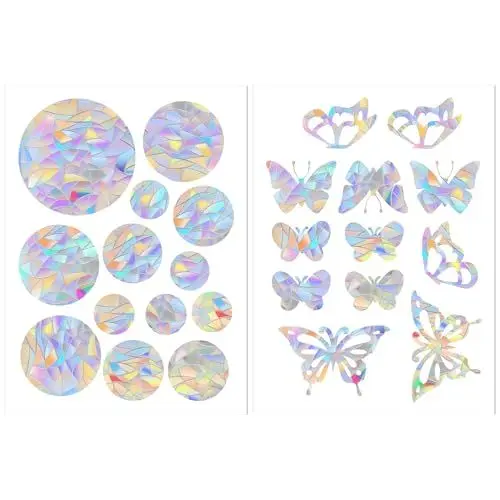 Produktbild: QMLING 50 Stück Prisma Fensteraufkleber, Suncatcher Sticker, Regenbogen Fensterfolie, Runde Schmetterling Fenstersticker, Anti-Kollisions Vogelschutz Aufkleber für Fensterdekoration