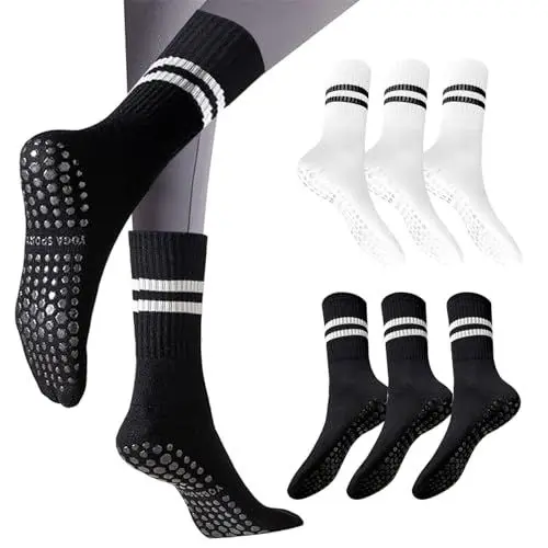 Produktbild: QMLING 6 Paar Pilates Socken, Mittellange Stoppersocken Damen, Rutschfeste Yoga Socken, Hochelastische Stoppersocken mit Streifen für Pilates Gymnastik Tanz Ballett Rehabilitation