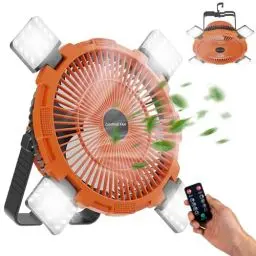 Produktbild: Qoosea Camping Ventilator 3 IN 1 8000mAh Campingventilator Leise mit LED Licht für Zelt USB Tischventilator mit Haken Fernbedienung Tragbarer Ventilator für Outdoor Angeln Auto Haus Büro Orange
