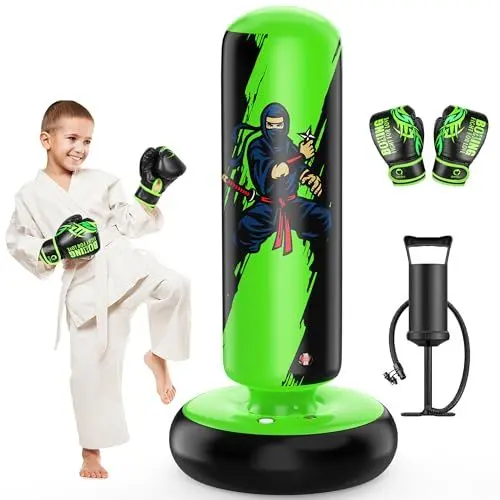 Produktbild: QPAU Boxsack für Kinder, hoher 168 cm, Geschenke für Jungen und Mädchen im Alter von 5–12 Jahren zum Üben von Karate, Taekwondo, MMA und zur Linderung von Pent-Up-Energie bei Kindern (Grün)