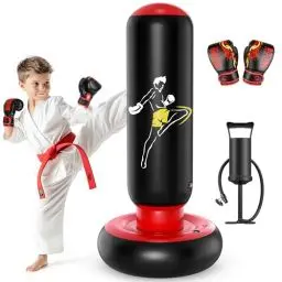 Produktbild: QPAU Kinder Boxsack Spielzeug mit Boxhandschuhen, 66 Zoll größere stabile Kinder aufblasbare Boxsack Set, Geschenke für Jungen & Mädchen Alter 6-12, für das Üben Karate, Taekwondo, MMA