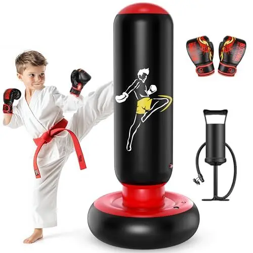 Produktbild: QPAU Kinder Boxsack Spielzeug mit Boxhandschuhen, 66 Zoll größere stabile Kinder aufblasbare Boxsack Set, Geschenke für Jungen & Mädchen Alter 6-12, für das Üben Karate, Taekwondo, MMA