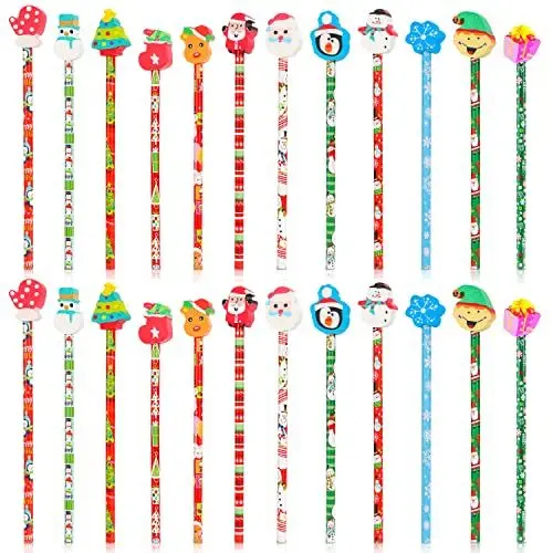 Produktbild: Qpout 24 Stück Weihnachten Bleistifte mit 24pcs Radiergummi, Weihnachtsstifte für Kinder, Weihnachten Bleistifte und Radiergummi, Weihnachtsstifte für Kinder Geschenke Tasche Füller